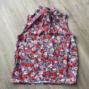 Ann Taylor Womens Top Sm Pink Mock High Neck Tank Flower Tie Back Vacation